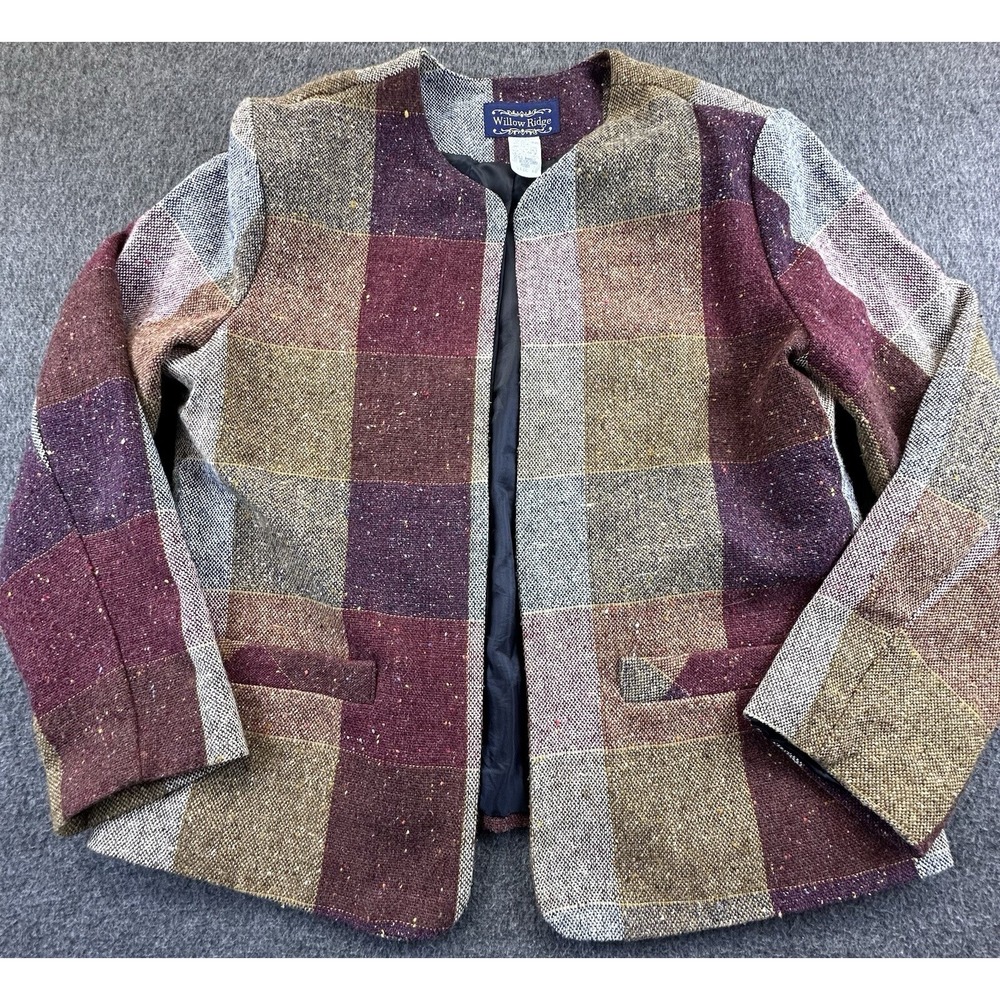 Willow Ridge Blazer Womens‎ 12 Brown Burgundy Blue Plaid Open Jacket Vintage